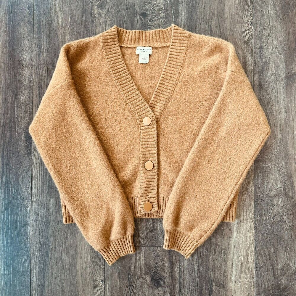 Club Monaco Cashmere Crop Sweater Cardigan V-Neck 3-Button Camel Brown Size Med